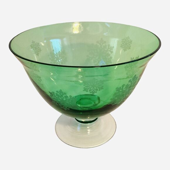 Vintage Green Depression Glass Snowflake Pattern Footed Bowl - Picture 1 of 8